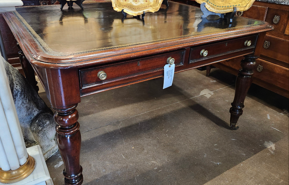 ENGLISH MAHOGANY WITH BLACK LEATHER TOP LIBRARY TABLE