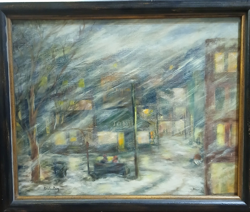 FRAMED IMPRESSIONIST URBAN SNOWSCAPE OIL PAINTING  SIGNED RUTH K BARG