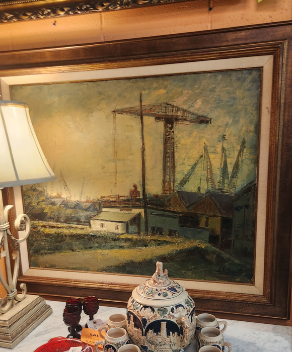 LARGE SHIP YARDS OIL PAINTING