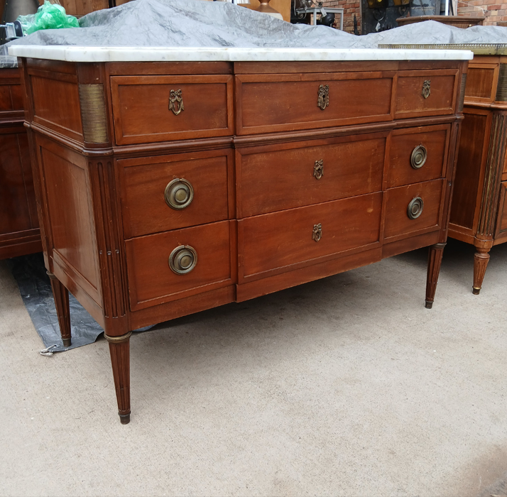 LOUIS XVI MAHOGANY MARBLE TOP 3 DRAWER CHEST WITH OVERHANG