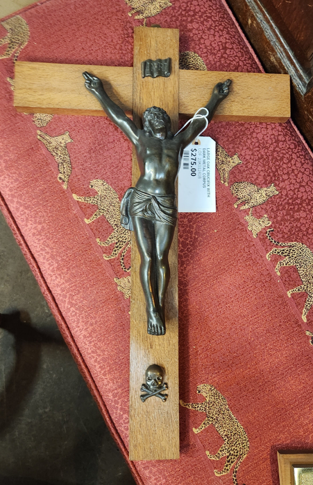 LARGE OAK CRUCIFIX WITH DARK METAL CORPUS