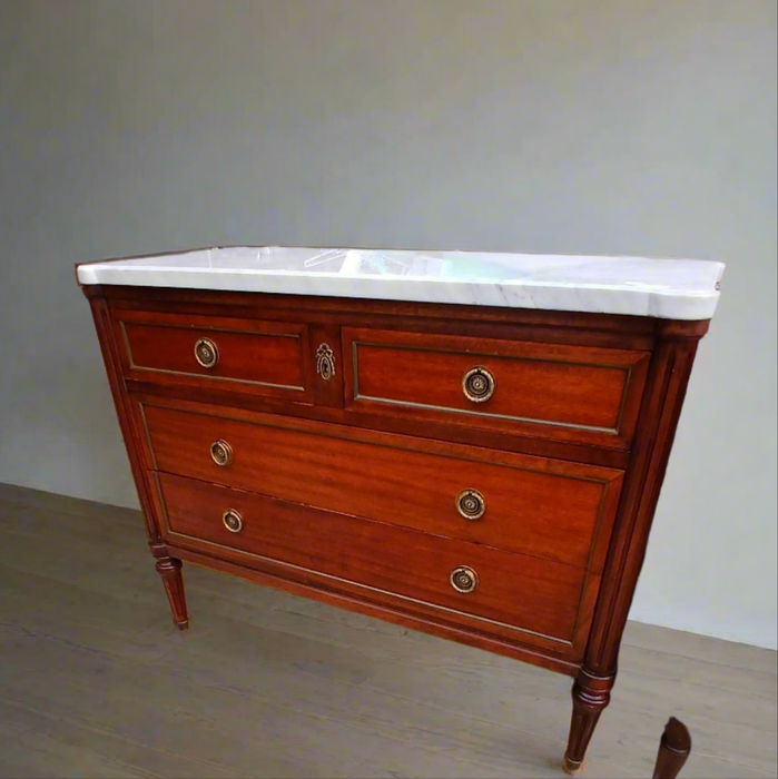 `LOUIS XVI MAHOGANY MARBLE TOP 4 DRAWER CHEST WITH RING PULLS