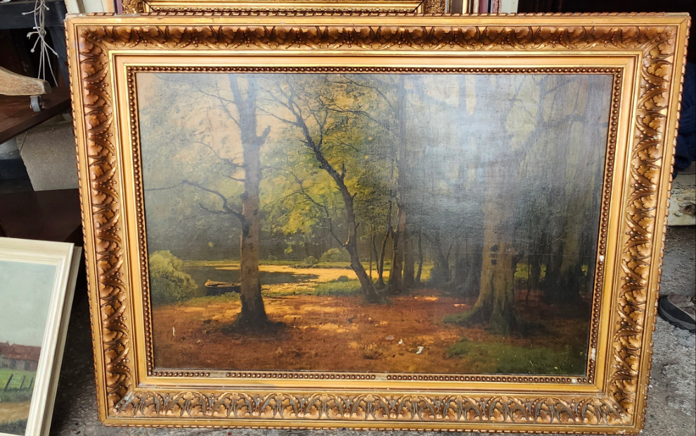 LARGE GILT FRAME SYLVAN OIL PAINTING AS FOUND