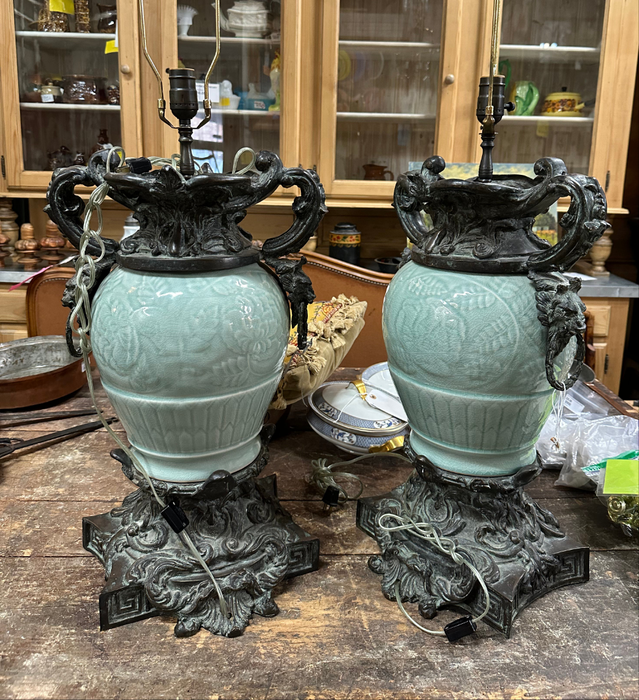 PAIR OF LARGE BRONZE AND CELEDON GLASS LAMPS