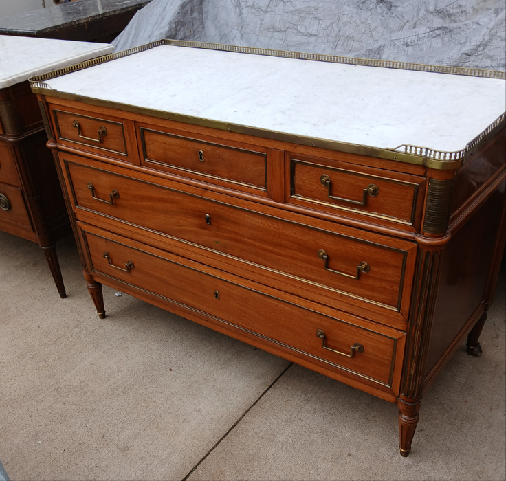 LOUIS XVI MAHOGANY 3 DRAWER CHETS WITH MARBLE TOP AND BRASS GALLERY RAIL AS FOUND