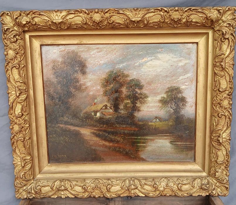 SMALL FRAMED LANDSCAPE OIL PAINTING WITH HOUSES