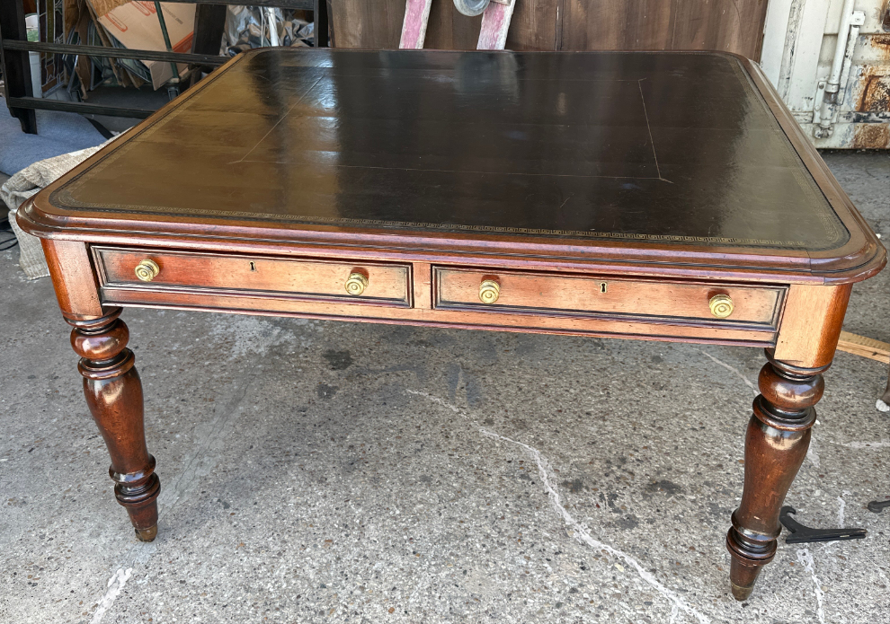 ENGLISH MAHOGANY WITH BLACK LEATHER TOP LIBRARY TABLE