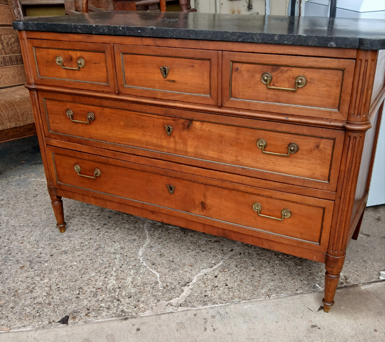 LOUIS XVI CHERRY MARBLE TOP 3 DRAWER CHEST WITH BALE PULLS