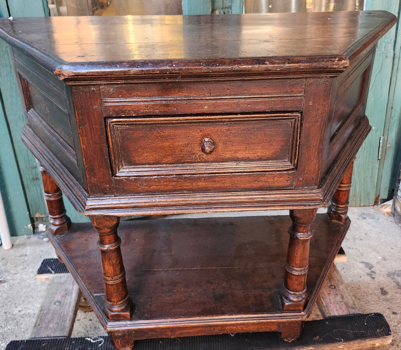 LOW 18TH CENTURY CANTED CORNER OAK  CONSOLE WITH DRAWER