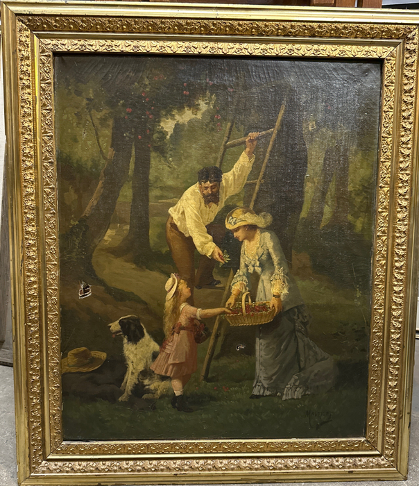 AS FOUND 19TH CENTURY OIL PAINTING OF FAMILY WITH DOG