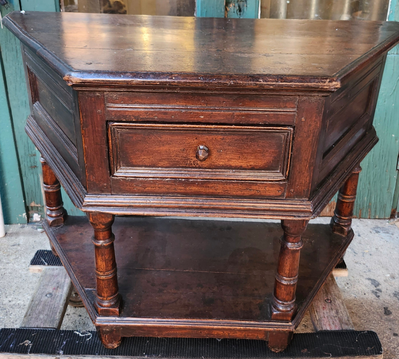 LOW 18TH CENTURY CANTED CORNER OAK  CONSOLE WITH DRAWER