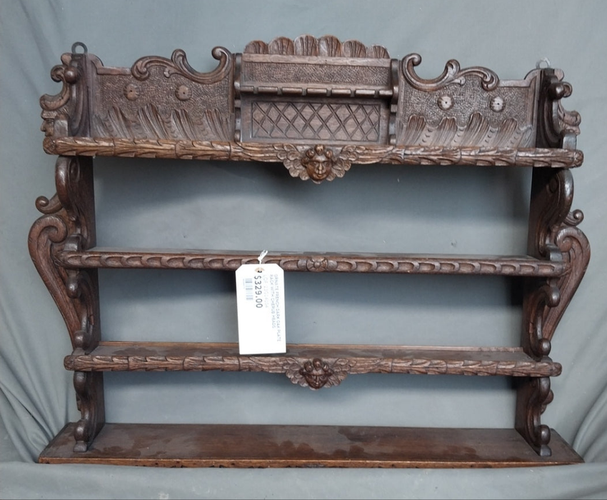 ORNATE FRENCH DARK OAK PLATE RACK WITH CHERUB HEADS