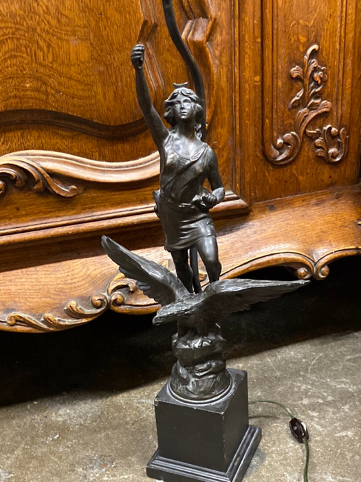 SPELTER LADY WITH EAGLE LAMP