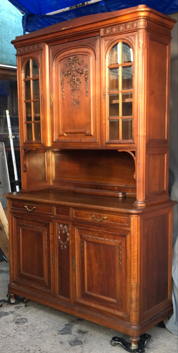 AS FOUND LOUIS XVI WALNUT BUFFET WITH BEVELED GLASS WITH FLORAL BOUQUET