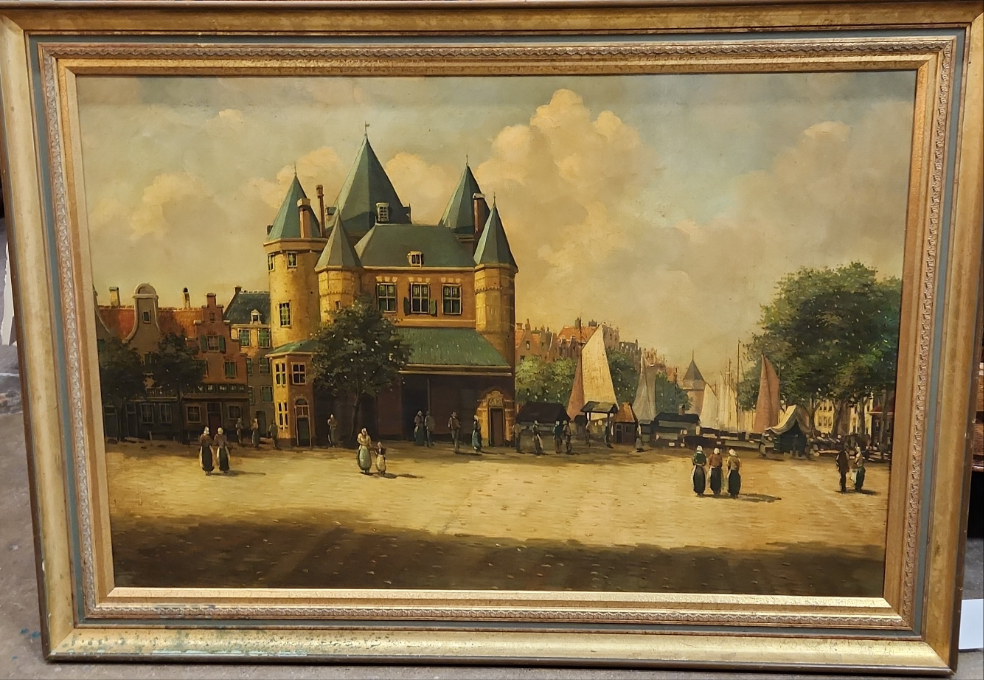 DUTCH VILLAGE SQUARE OIL PAINTING WITH TURRETED MANSION