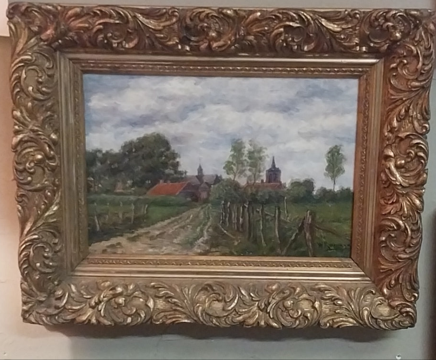 RUSTIC OIL PAINTING "CHURCH IN THE COUNTRY" IN ORNAYE GILT FRAME