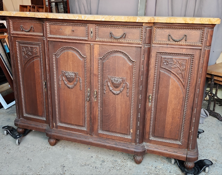 AS FOUND DARK OAK SIDEBOARD WITH LIGHT BROWN MARBLE TOP