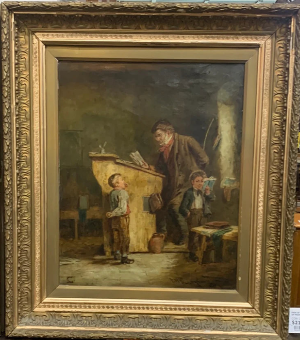 19TH CENTURY OIL PAINTING OF TEACHER WITH BAD CHILD BY WILLIAM LANGOIS