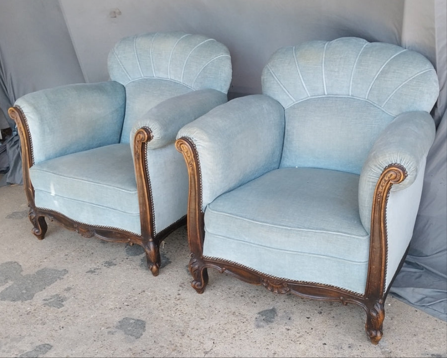 PAIR OF BLUE UPHOLSTERED LOUIS XV STYLE  CLUB CHAIRS