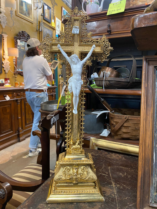 BRASS AND WOOD GILT CRUCIFIX WITH BISQUE CORPUS