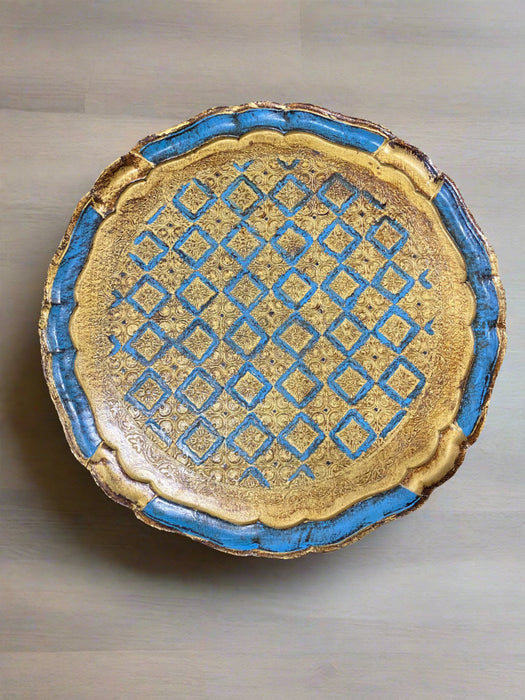 ROUND BLUE AND GOLD FLORENTINE TRAY