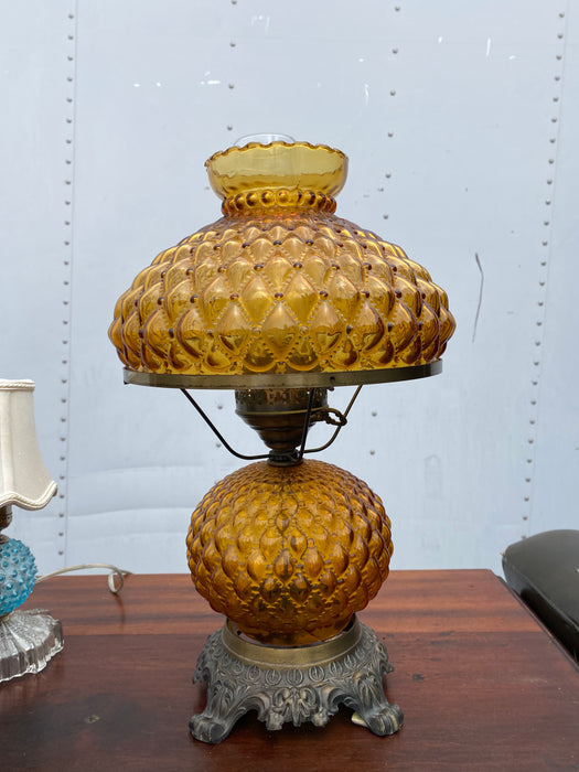 AMBER HOBNAIL GLASS TABLE AND SHADE