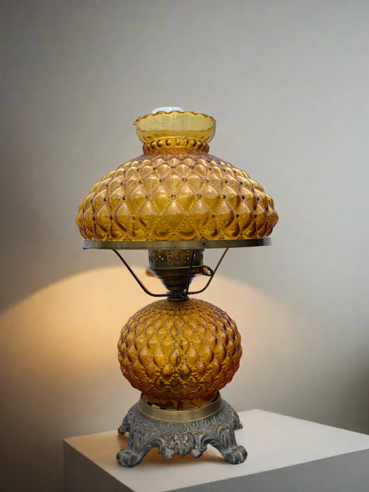 AMBER HOBNAIL GLASS TABLE AND SHADE