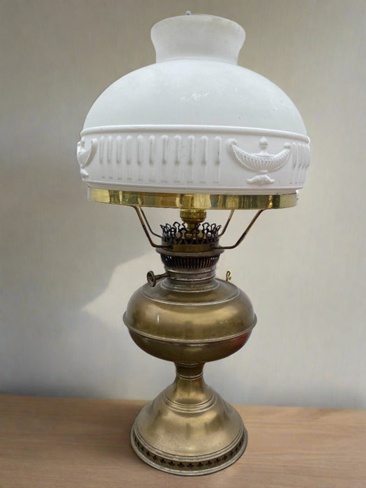 ELECTRIFIED BRASS OIL LAMP WITH GLASS SHADE