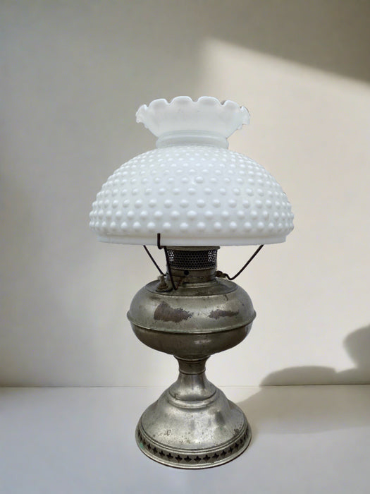 ELECTRFIED SILVER OIL LAMP WITH HOBNAIL MILK GLASS SHADE