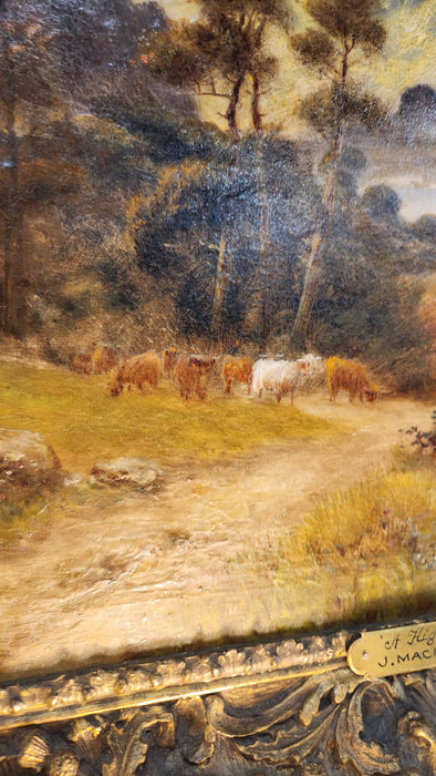 LARGE FRAMED ENGLISH LANDSCAPE WITH TREES OIL PAINTING  "A HIGHLAND LANE" - J. MACINTYRE. RBA