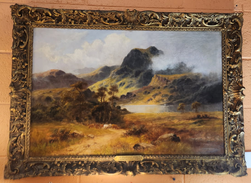 LARGE FRAMED ENGLISH LANDSCAPE WITH TREES OIL PAINTING  "A HIGHLAND LANE" - J. MACINTYRE. RBA