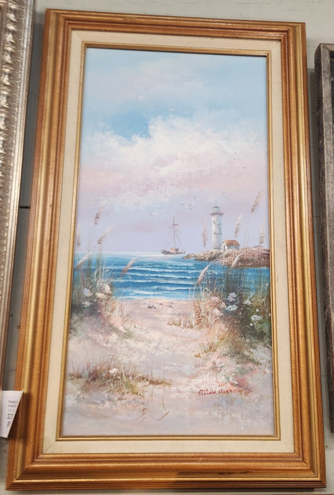 VINTAGE OIL PAINTING OF LIGHTHOUSE HARBOR SCENE "TRANQUIL DAY" - SIGNED BRIAN ROENE