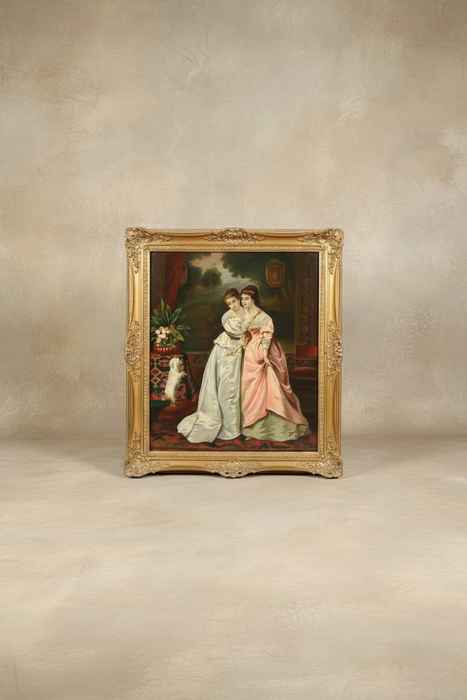 OIL PAINTING OF LADIES WITH DOG - SIGNED LANDEAU