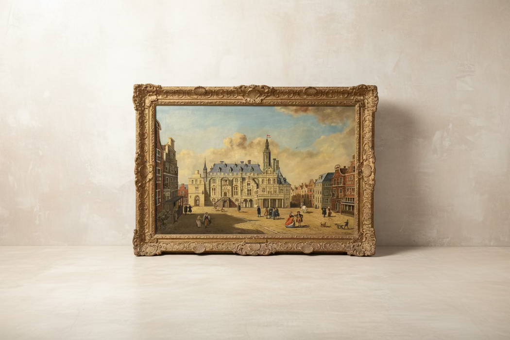 LARGE COURTYARD OIL PAINTING ON CANVAS - BY J. VAN HEYDEN