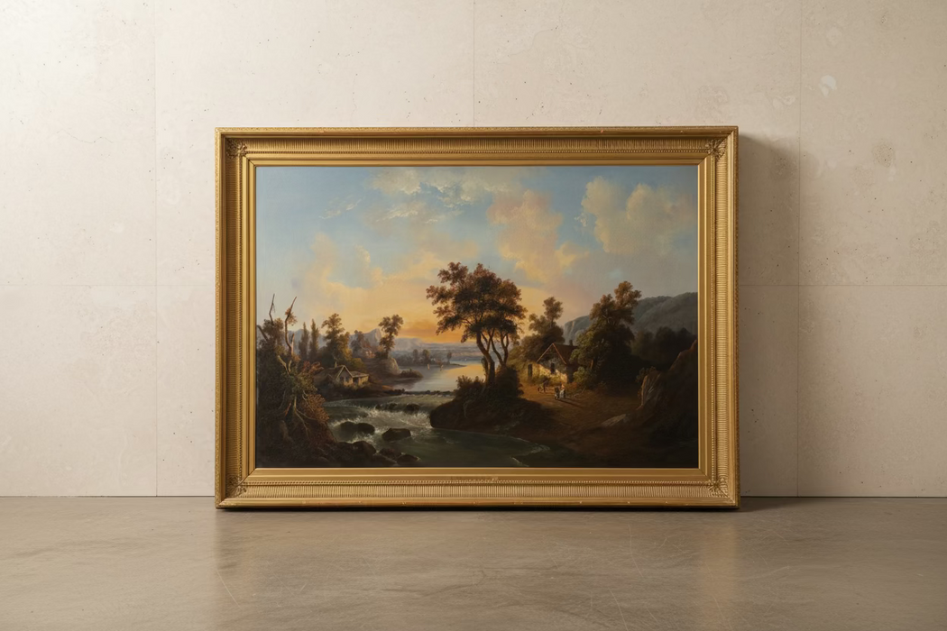LARGE 19TH CENTURY LANDSCAPE OIL PAINTING ON CANVAS OF VILLAGE BY RIVER