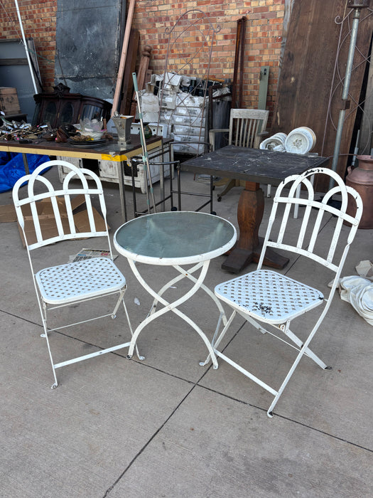 PAIR OF GOTHIC WHITE PATIO CHAIRS WITH BISTRO TABLE