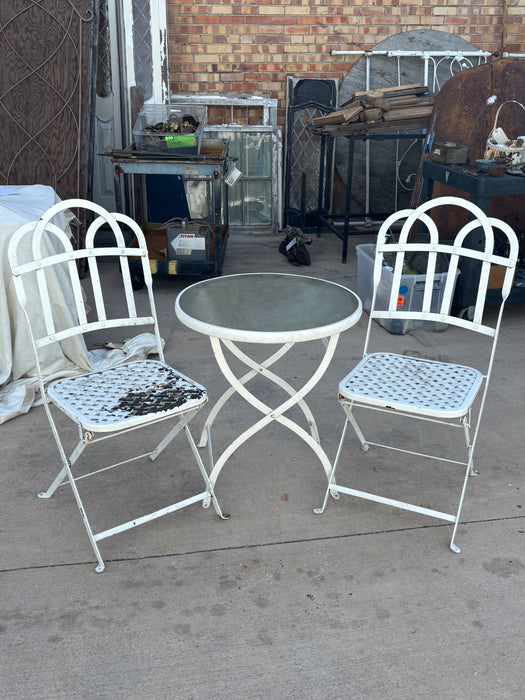 PAIR OF GOTHIC WHITE PATIO CHAIRS WITH BISTRO TABLE