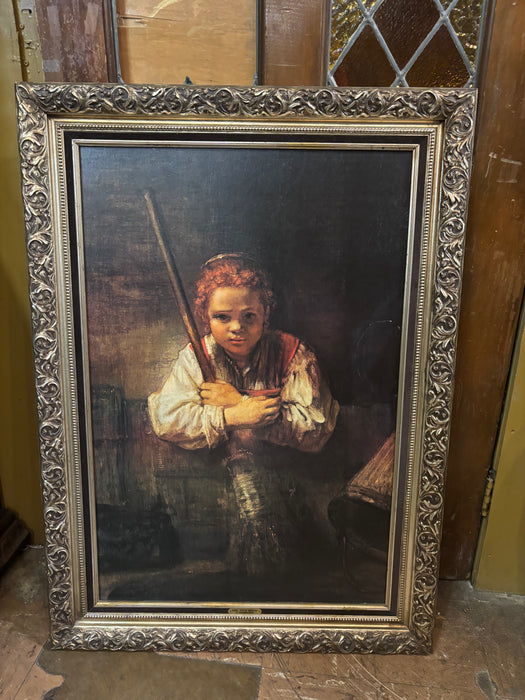 LARGE GOLD FRAMED RED HEADED GIRL HOLDING BROOM PRINT