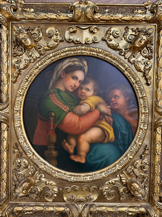 BEAUTIFULLY FRAMED VINTAGE OIL PAINTING OF MADONNA AND CHILD, AFTER RAPHAEL-FROM FLORENCE