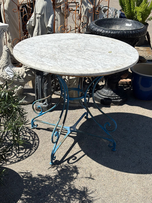 BLUE IRON  PATIO BISTRO TABLE BASE WITH WHITE MARBLE TOP