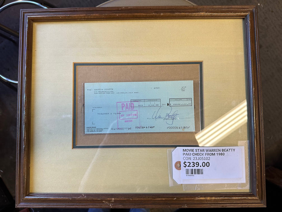 FRAMED WARREN BEATTY PAID CHECK FROM 1980