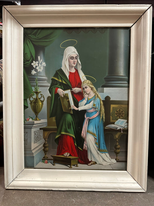 ST ANNE AND OUR LADY TEACHING OIL PAINTING ON BOARD