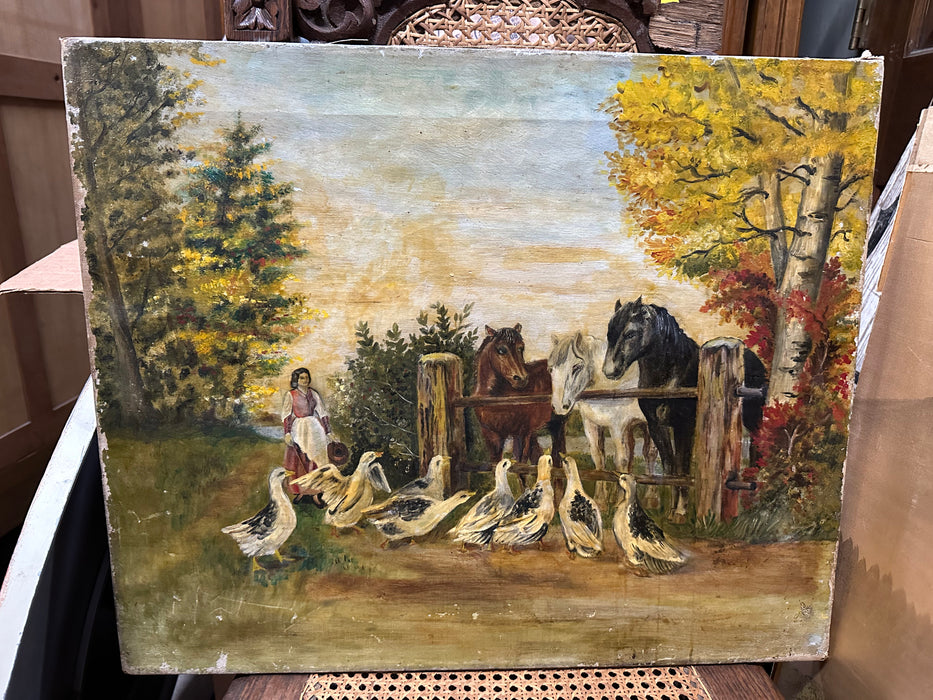1800'S OIL PAINTING OF A WOMAN,, HORSES, AND GEESE