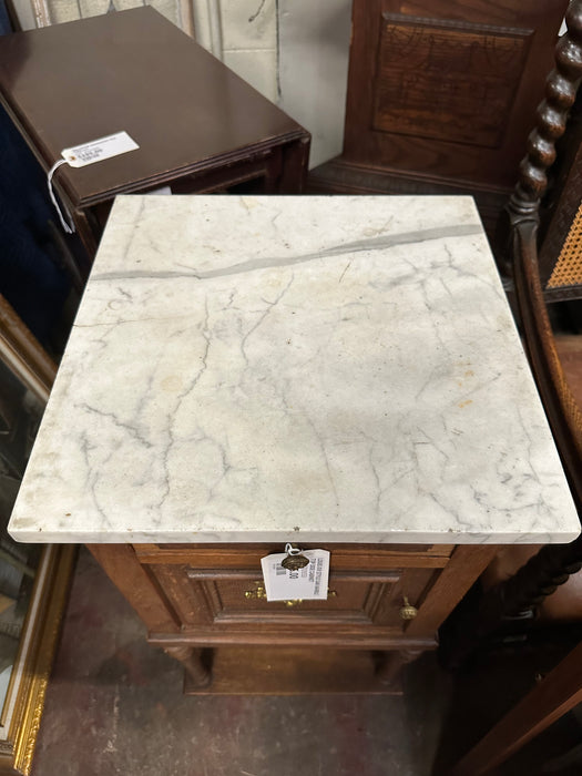 PAIR OF LOUIS XVI STYLE OAK MARBLE TOP SIDE CABINETS-AS FOUND