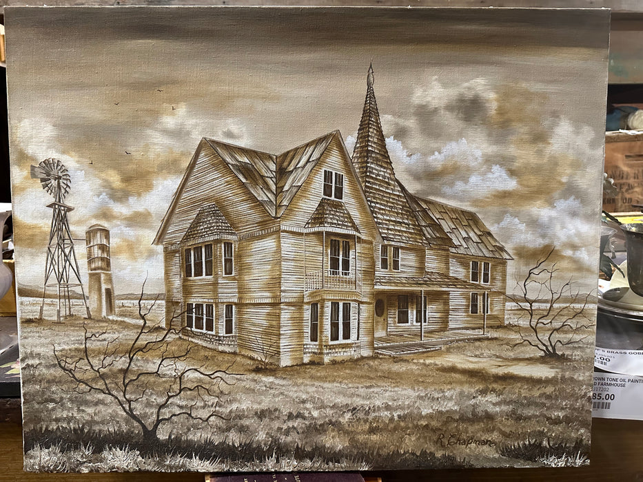 BROWN TONE OIL PAINTING OF OLD FARMHOUSE