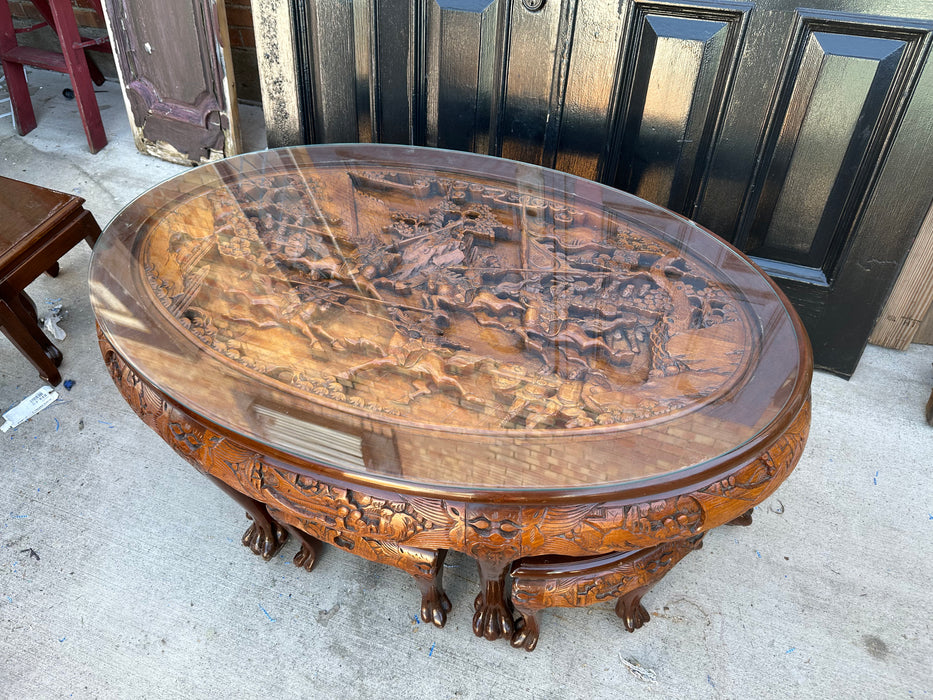 CARVED ASIAN GLASS TOP COFFEE TABLE WITH 6 SIDE TABLES