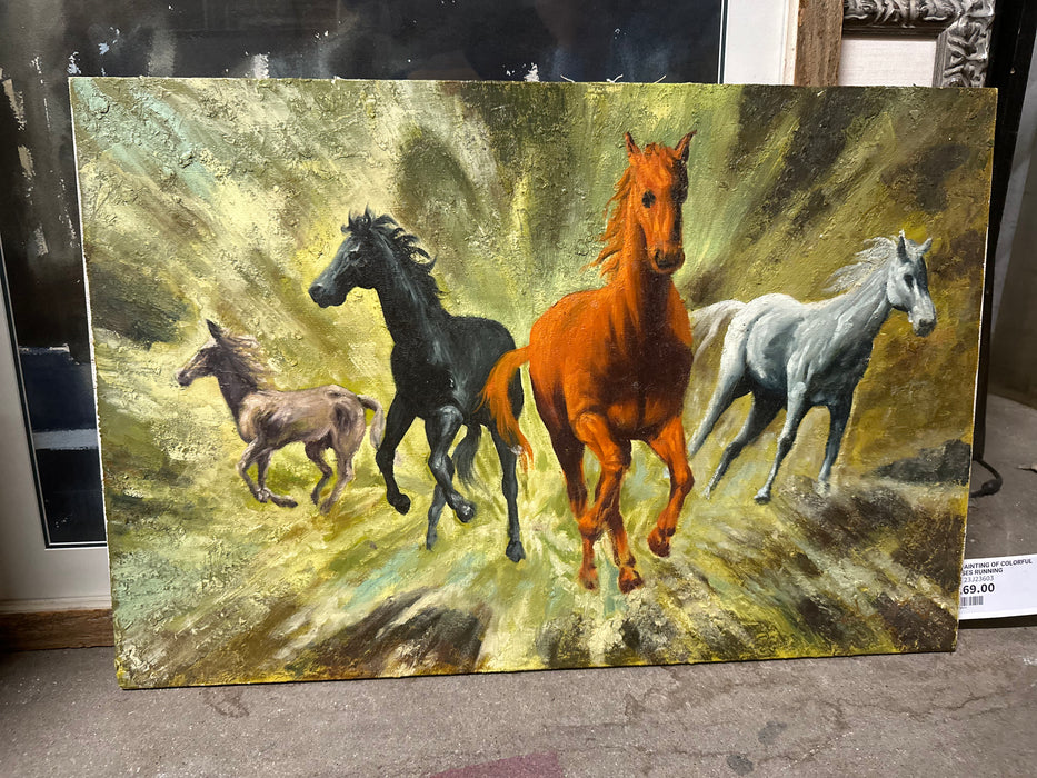 OIL PAINTING OF COLORFUL HORSES RUNNING
