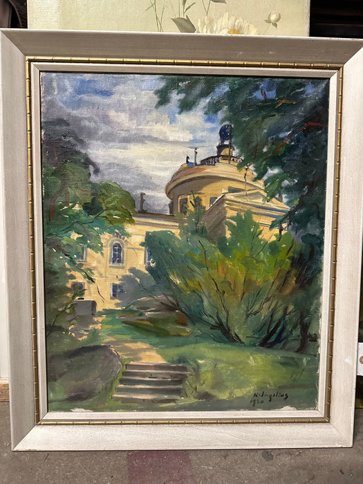 OIL PAINTING OF BUILDING AND TREES SIGNED