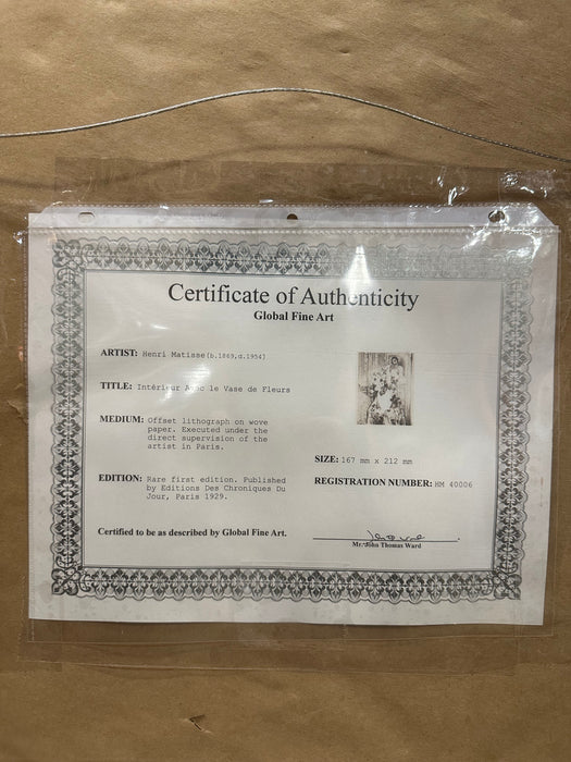 HENRI MATISSE ETCHING WITH CERTIFICATE OF AUTHENTICITY