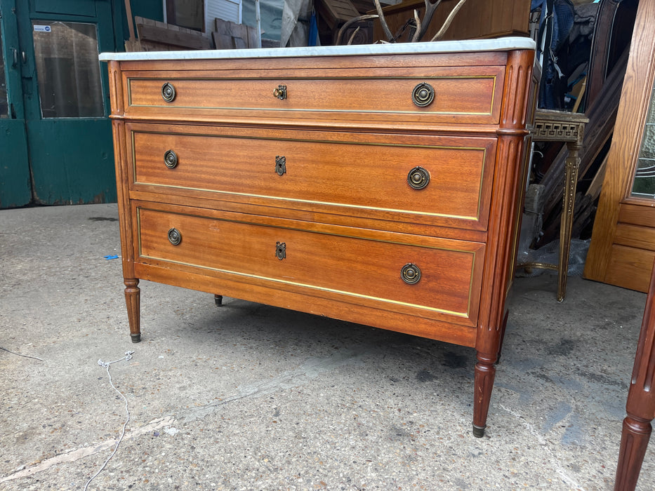 MAHOGANY THREE DRAWER WHITE CARRERA MARBLE TOP LOUIS XVI CHEST